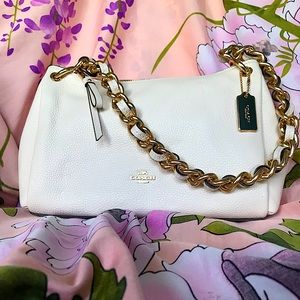 Coach Small Mia Leather Shoulder Bag Chain Chalk White Beige NWT